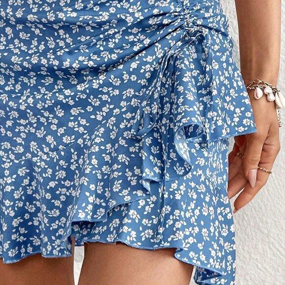 Boho Floral Skirt,Summer Skirt,Floral Print Drawstring Ruched Ruffle Hem Skirt - Picture 7 of 8